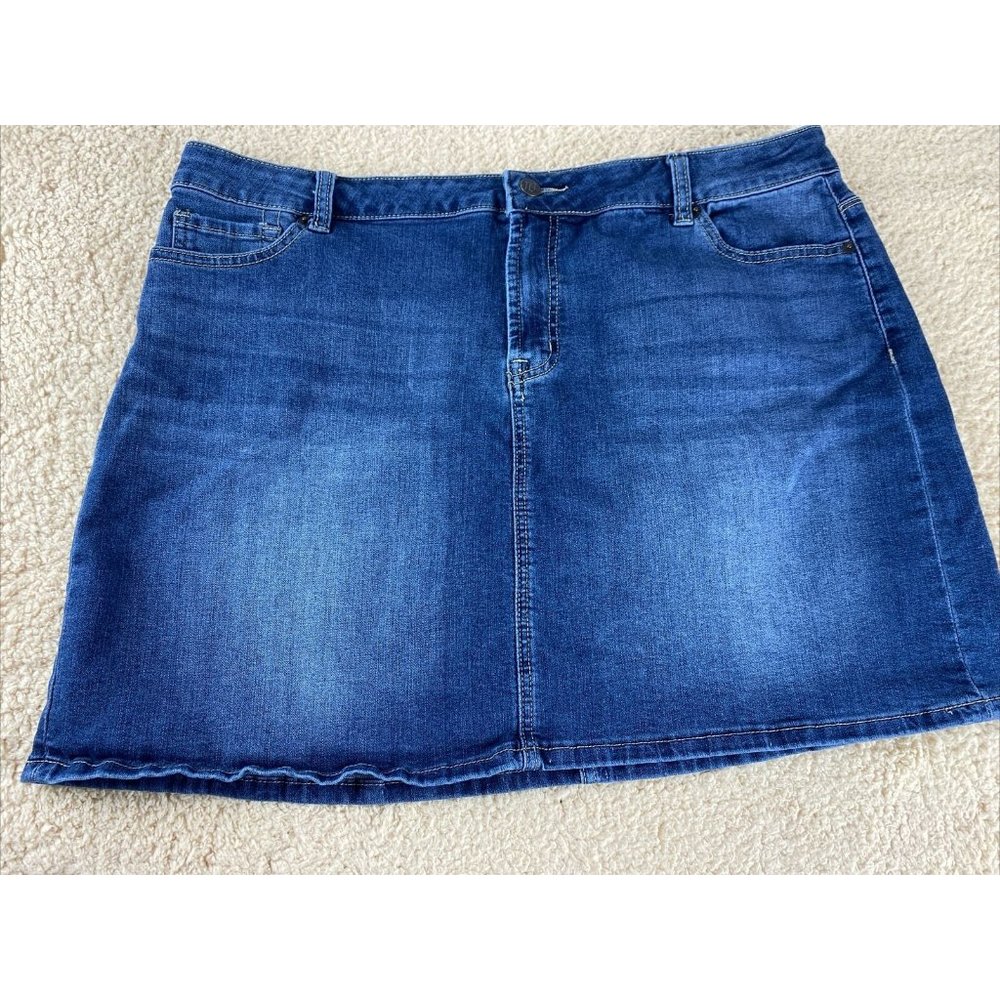 W62 Womens Plus Size 16 Midi Blue Denim Pencil Skirt 5 Pocket